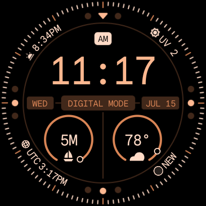 Watch face with the complication armed, showing 5M